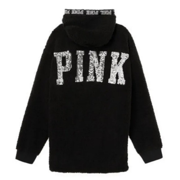 Victoria’s Secret PINK Bling Black Half-Zip Pullover Sherpa Hoodie, Small - Picture 3 of 10
